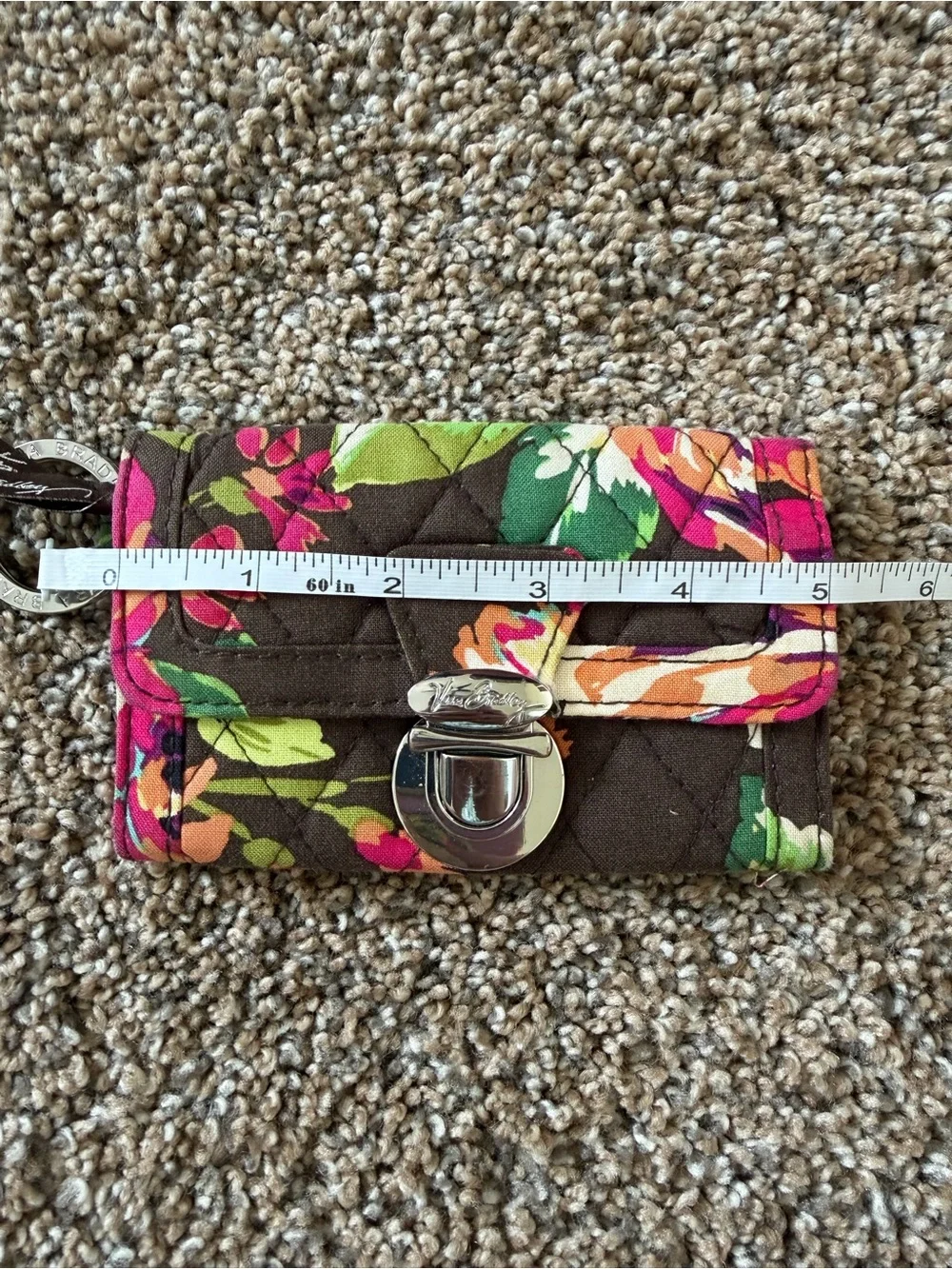 VERA BRADLEY Wallet English Rose Quick Swipe ID Brown Floral Key Ring